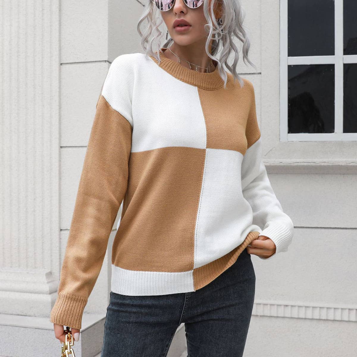 DESIGN SENSE CHECKERED LONG-SLEEVED SWEATER