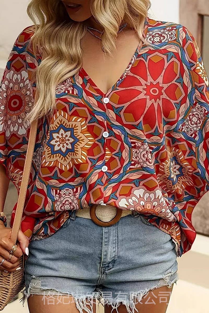 CWTBLL3983_V-NECK FLORAL BATWING SLEEVE BLOUSE