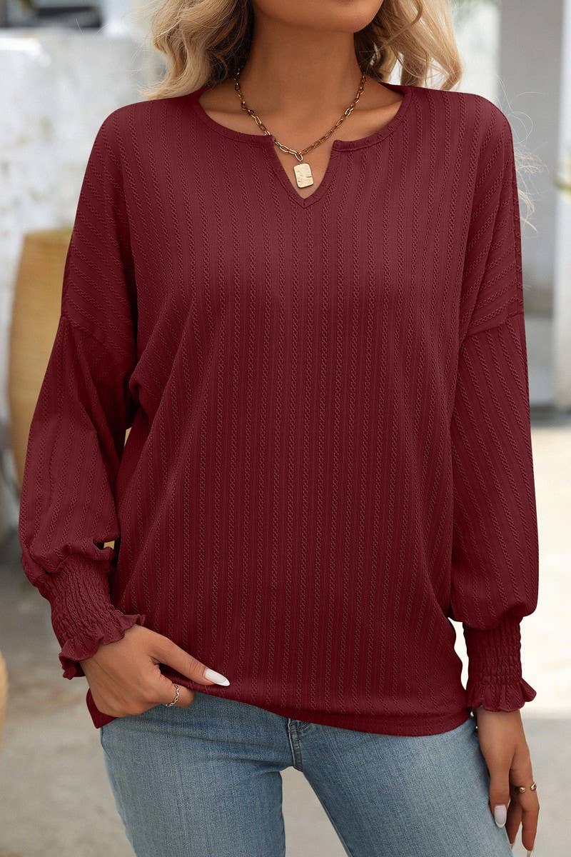 CWTBLL1814_LOOSE FIT V-NECK BATWING SLEEVE LONG SLEEVE TOP