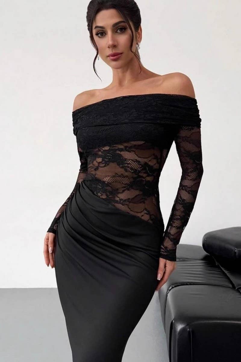 CWDMD01089_OFF SHOULDER LACE SHEER LONG SLEEVE BODYCON DRESS