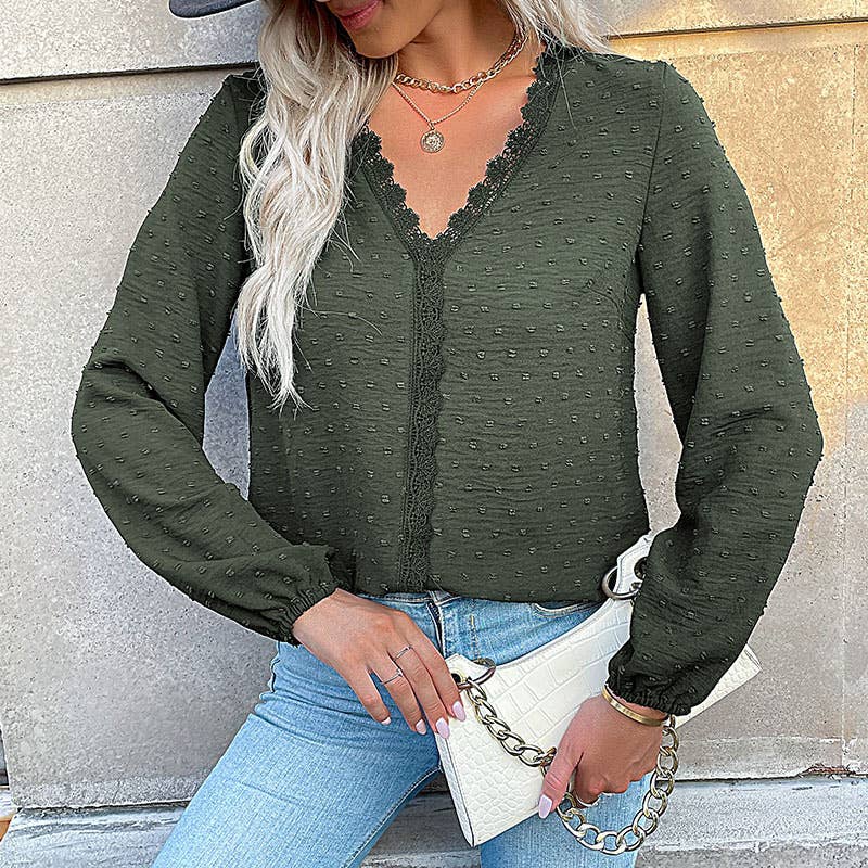 COMMUTER LONG SLEEVE LACE PATCHWORK V-NECK SHIRT