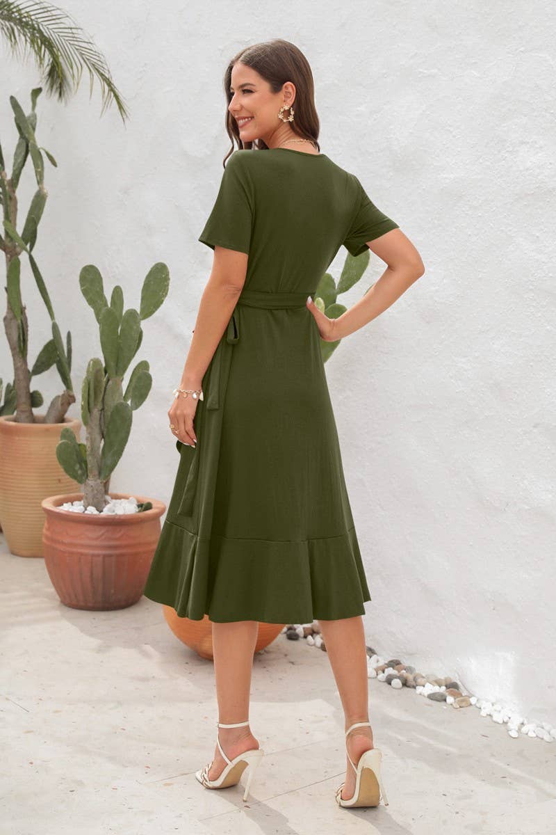 CWDMD2151_SOLID COLOR V-NECK HIGH WAIST BELTED DRESS