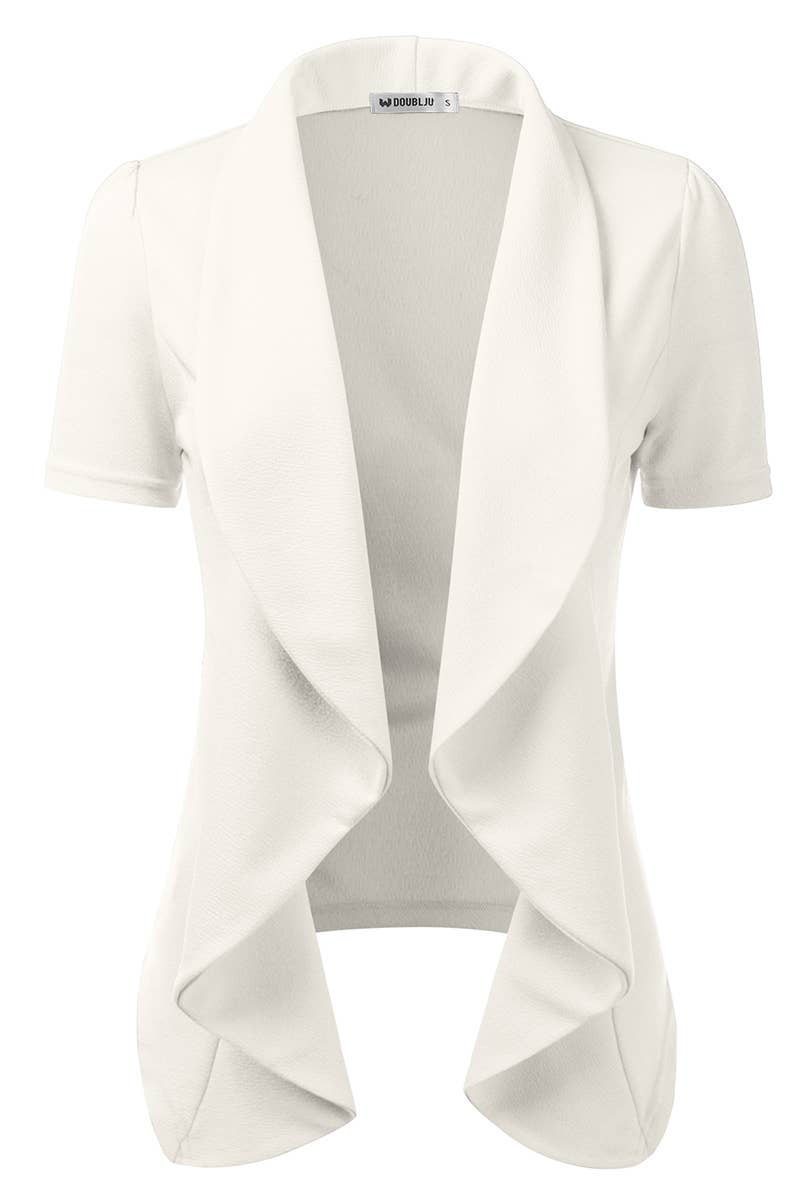 CWOBL095-P_Short Sleeve Open Front Draped Ruffles Blouses