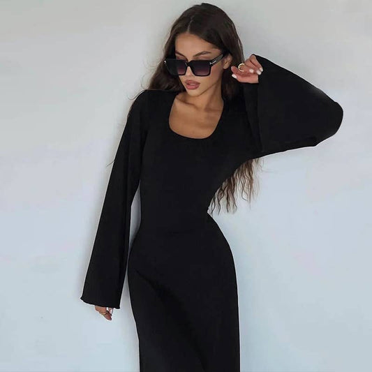 BIG PIT STRIP LONG SLEEVE U-NECK DRESS