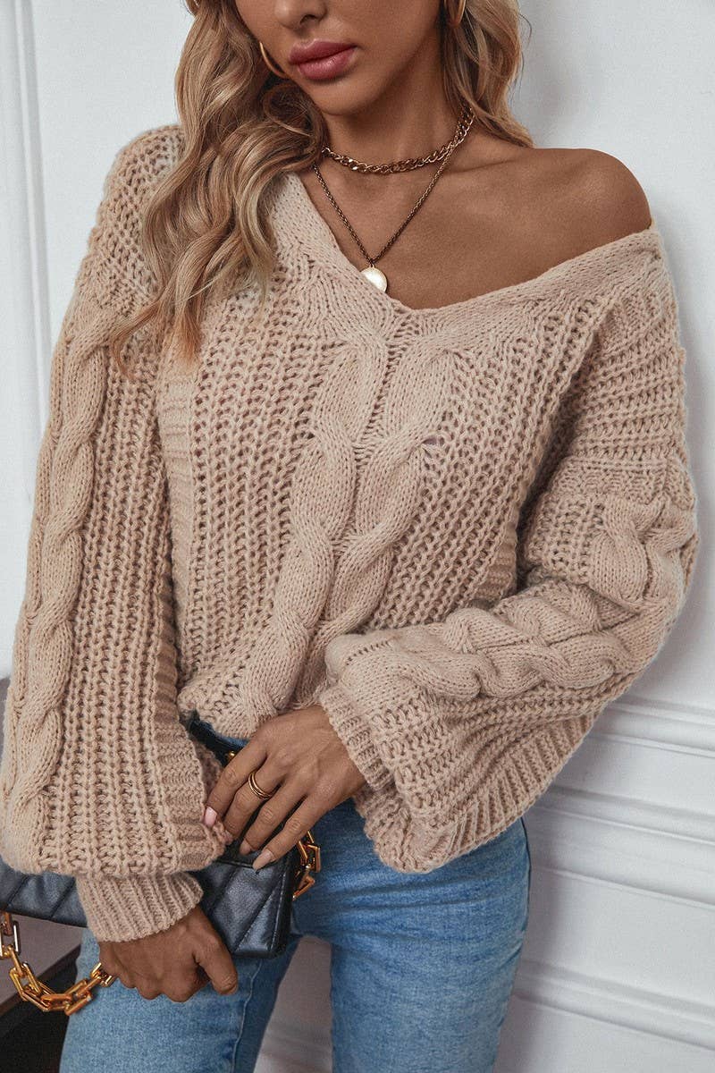 CWOSWL2845_CABLE LANTERN SLEEVE TWIST KNIT SWEATER