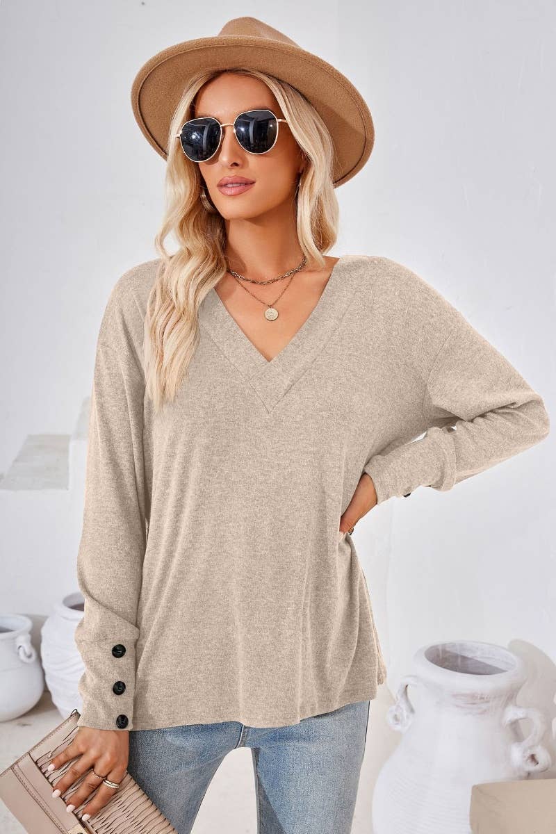 CWTBLL2683_AUTUMN LOOSE SIMPLE V-NECK LONG SLEEVE TOP