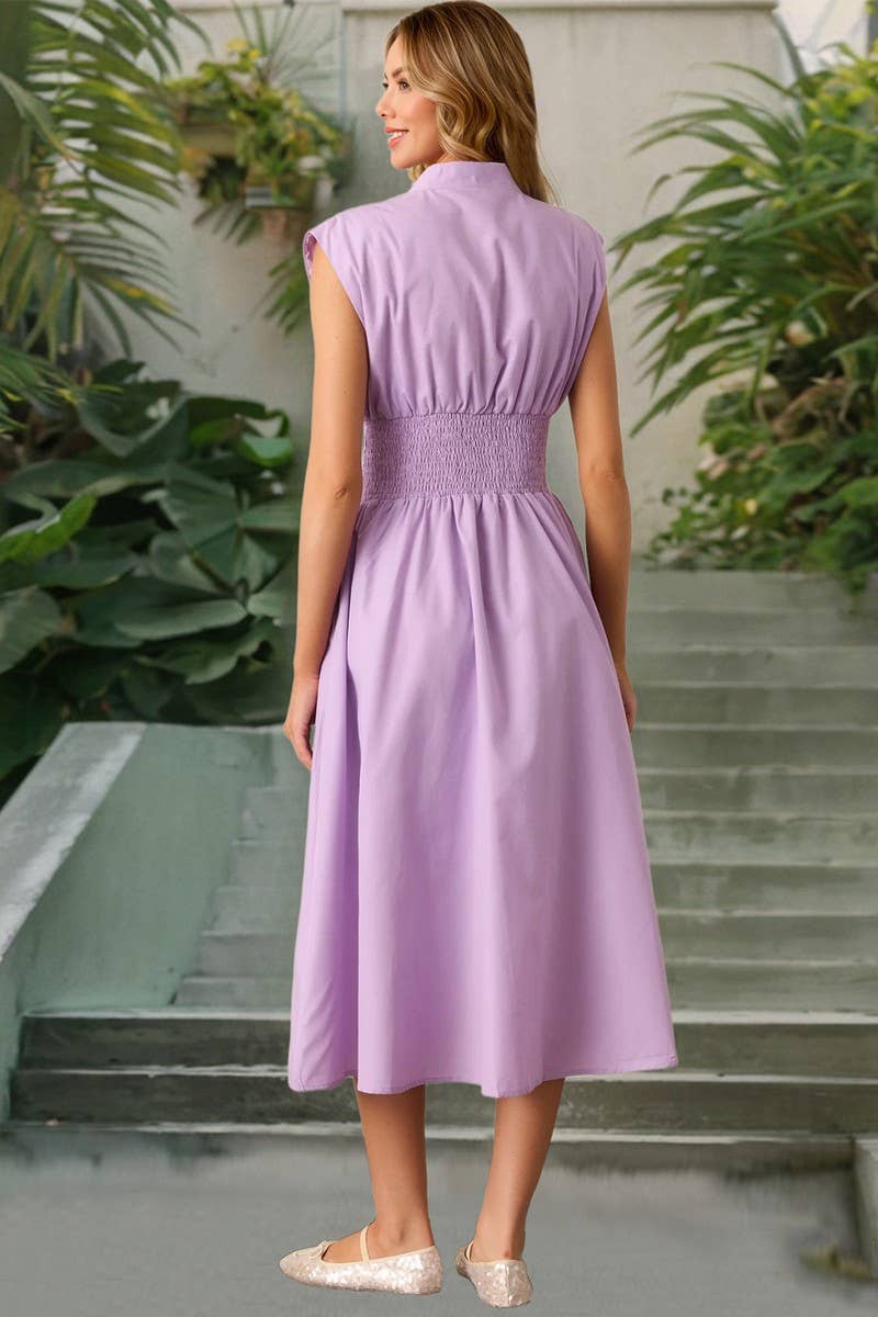 CWDMD6125_SOLID RUCHED ZIP FRONT V-NECK DRESS