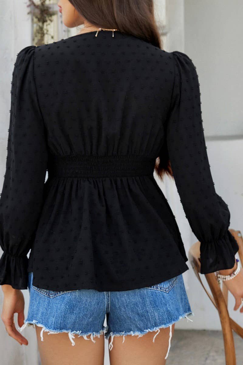 CWTBLL3592_V-NECK SOLID COLOR TIE WAIST TOP SHIRT