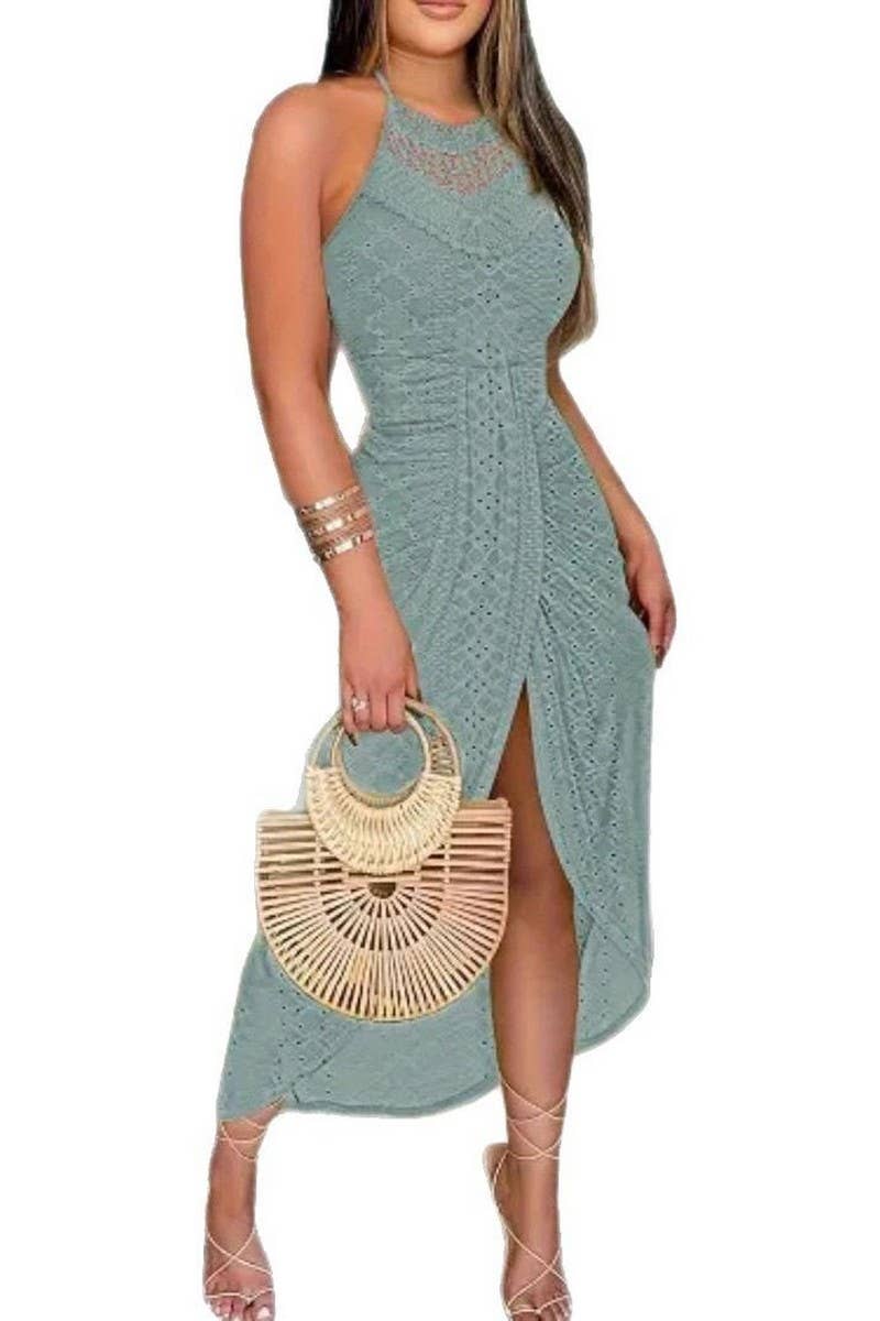 CWDHL1090_SUMMER HOLLOW HALTER NECK FRONT RUFFLE SEXY DRESS