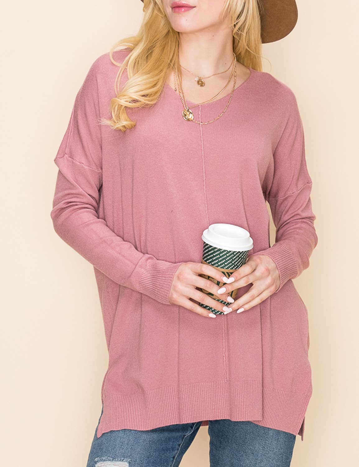 CWOSWL1826_V NECK LOOSE FIT TUNIC LENGTH SOFT SWEATER TOP