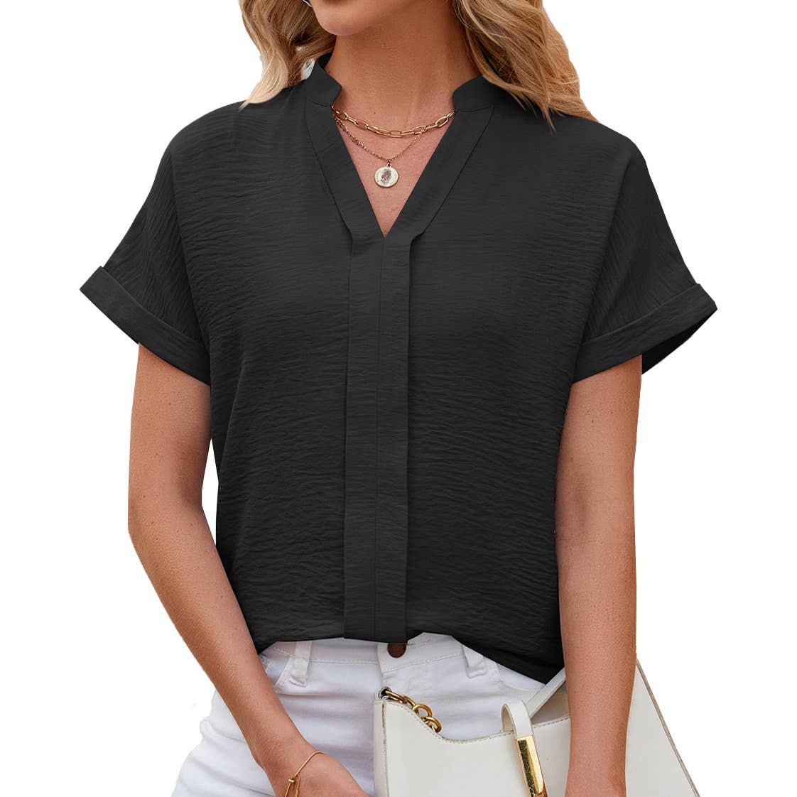 Chiffon V-neck solid color short-sleeved shirt