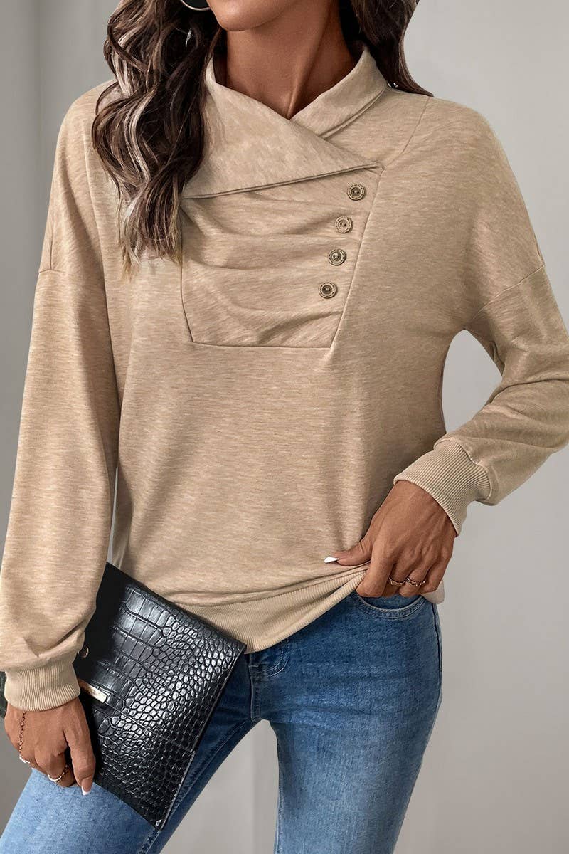 CWTBLL2299_SOLID COLOR PLEATED BUTTON STAND SWEATSHIRT