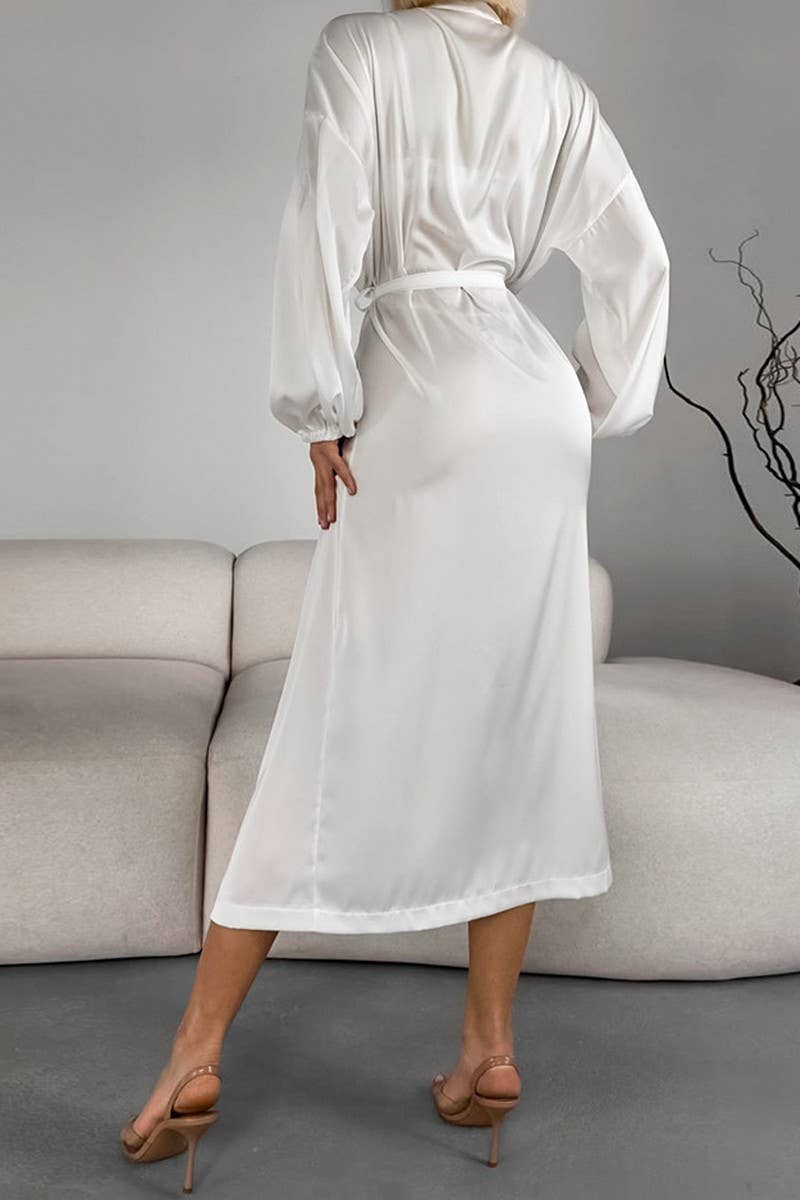 CWSPJ0314_WHITE SATIN CARDIGAN ROBE PAJAMAS HOME CLOTHES