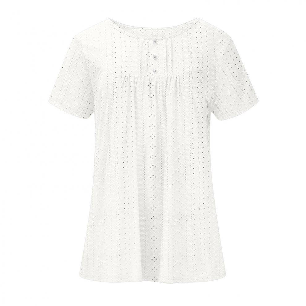 Crew-neck pleated button solid color ripped shirt