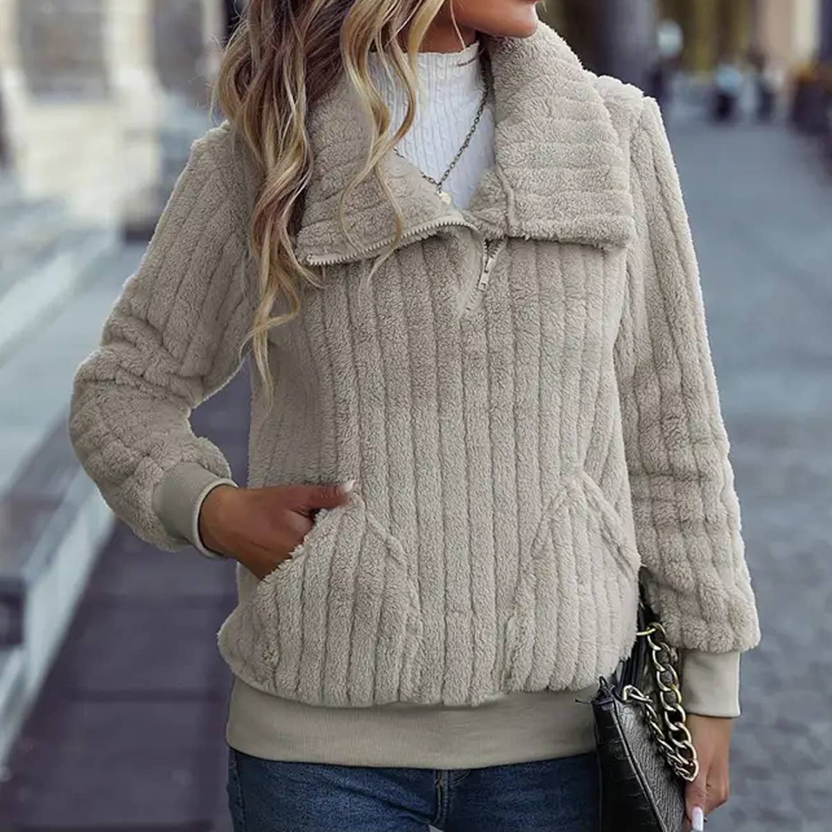 Crew-neck long sleeve zipper strip hoodie