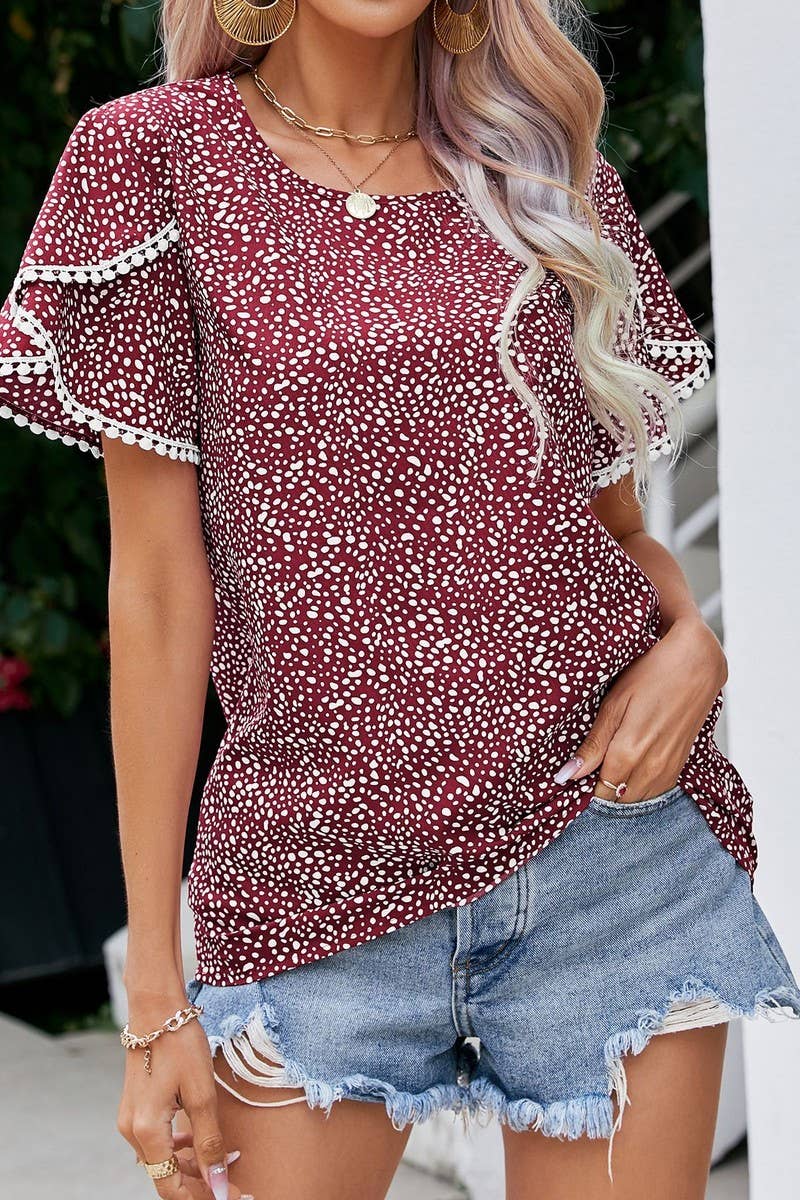 CWTBLS0356_Round neck Print Short Sleeve Blouse