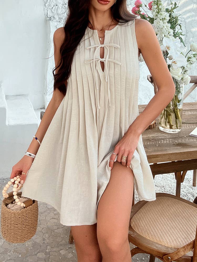Casual solid color lace-up sleeveless short dress