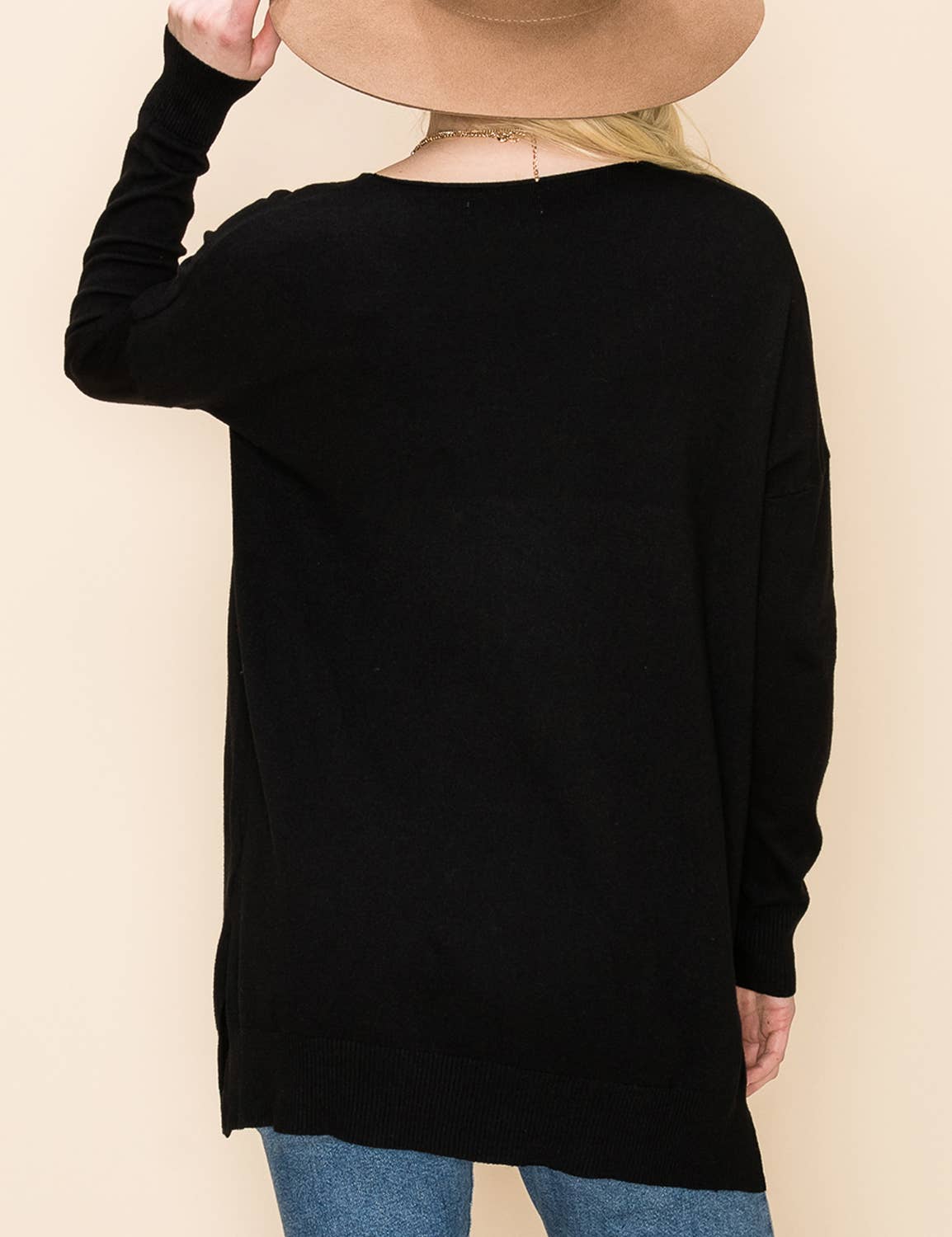 CWOSWL1826_V NECK LOOSE FIT TUNIC LENGTH SOFT SWEATER TOP