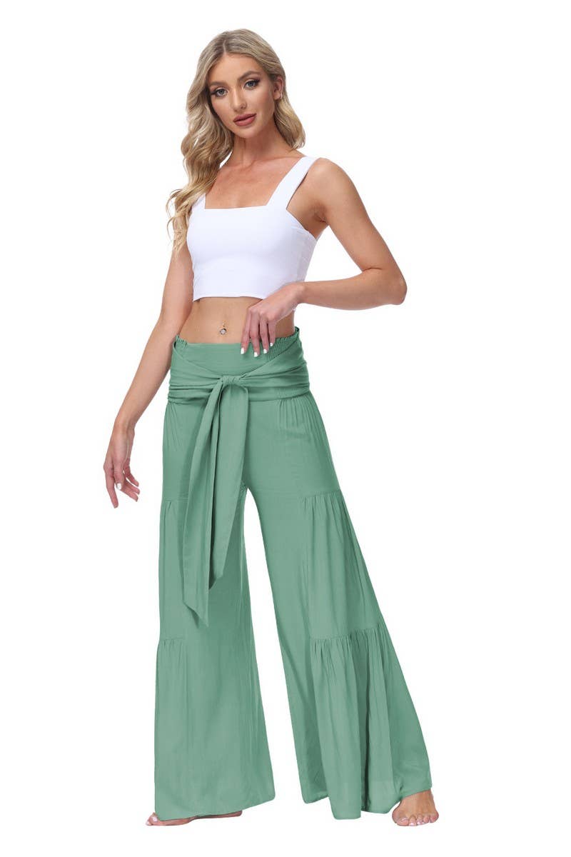 CWBLP2065_TEMPERAMENT ELASTIC WAIST PLEATED WIDE-LEG PANTS