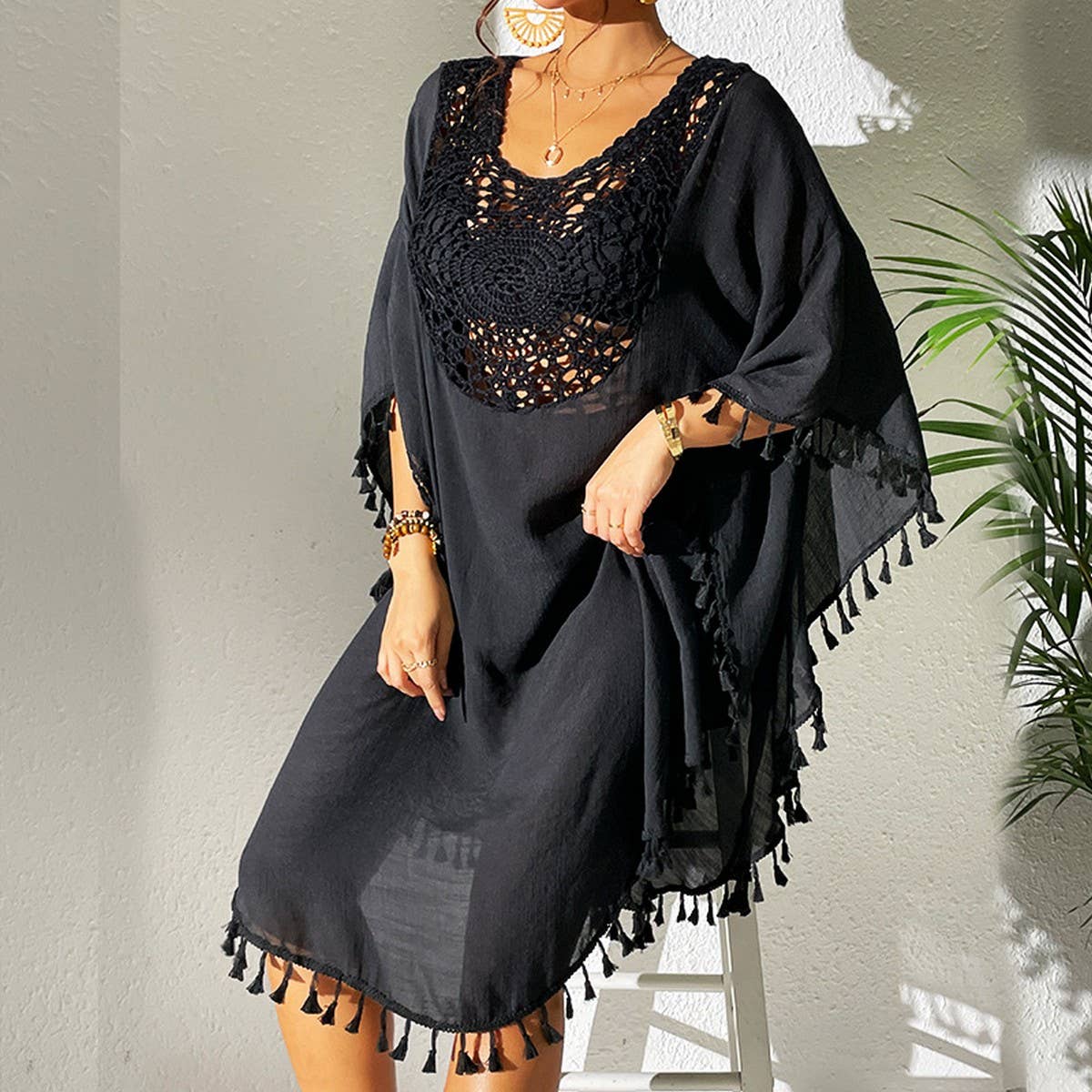 CROCHET PANEL TASSEL BIKINI BEACH COVER-UP