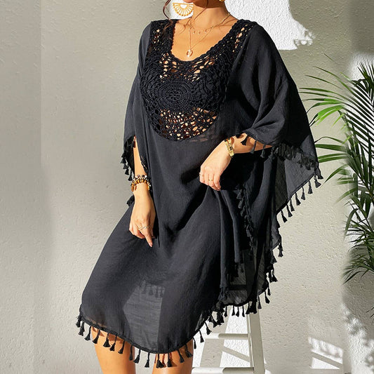 CROCHET PANEL TASSEL BIKINI BEACH COVER-UP
