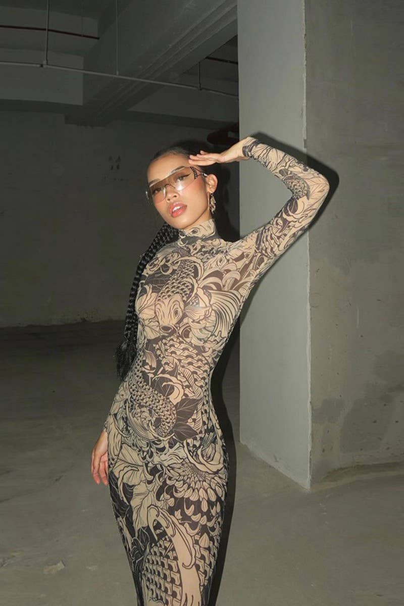 CWDMD6429_FASHION MESH SEE-THROUGH HIGH COLLAR SLIM DRESS_