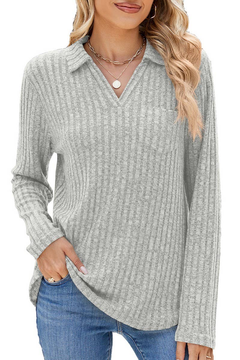 CWTBLL2329_SOLID COLOR LAPEL POCKET LONG SLEEVE LOOSE TOP