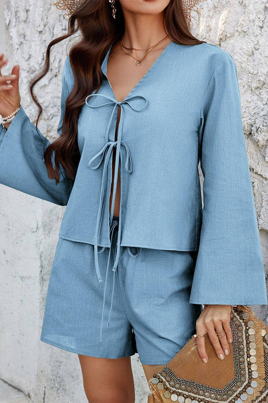 CWSTB1576_SOLID COLOR CARDIGAN LONG-SLEEVED TOP SHORTS SET