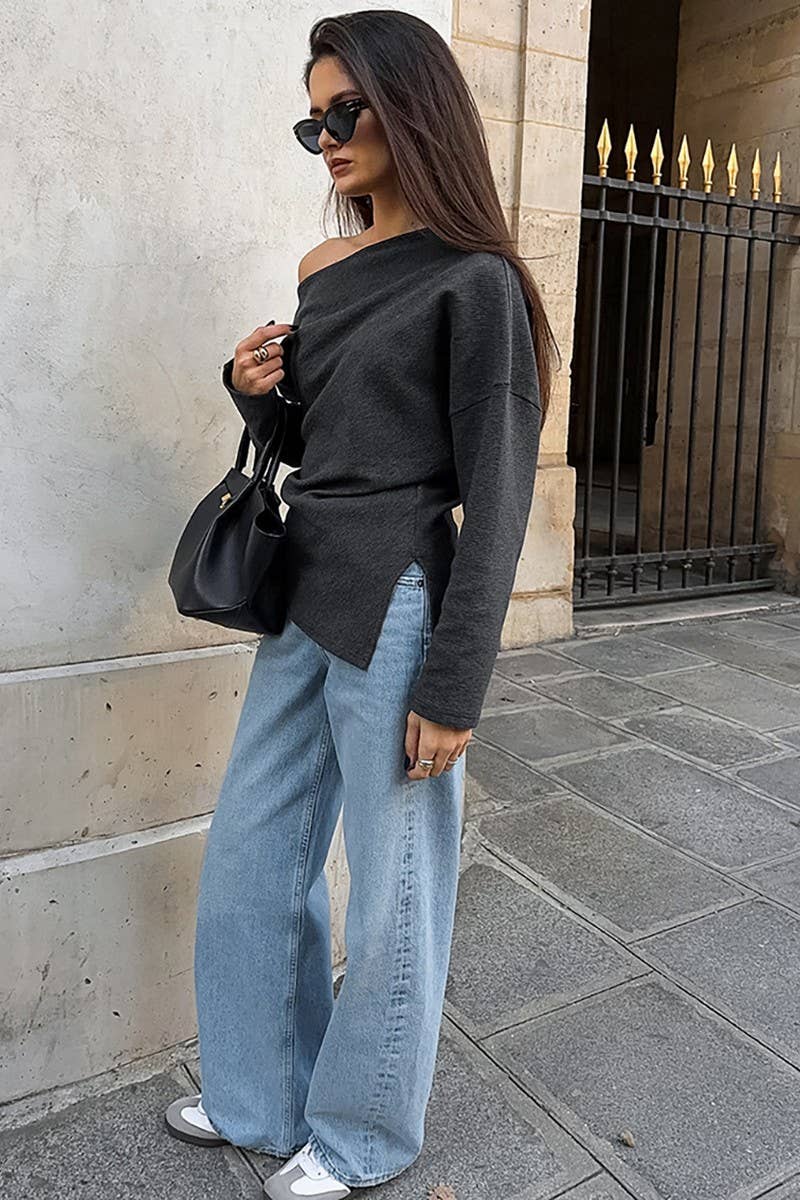 CWTBLL00609_OFF-THE-SHOULDER IRREGULAR KNIT T-SHIRT TOP