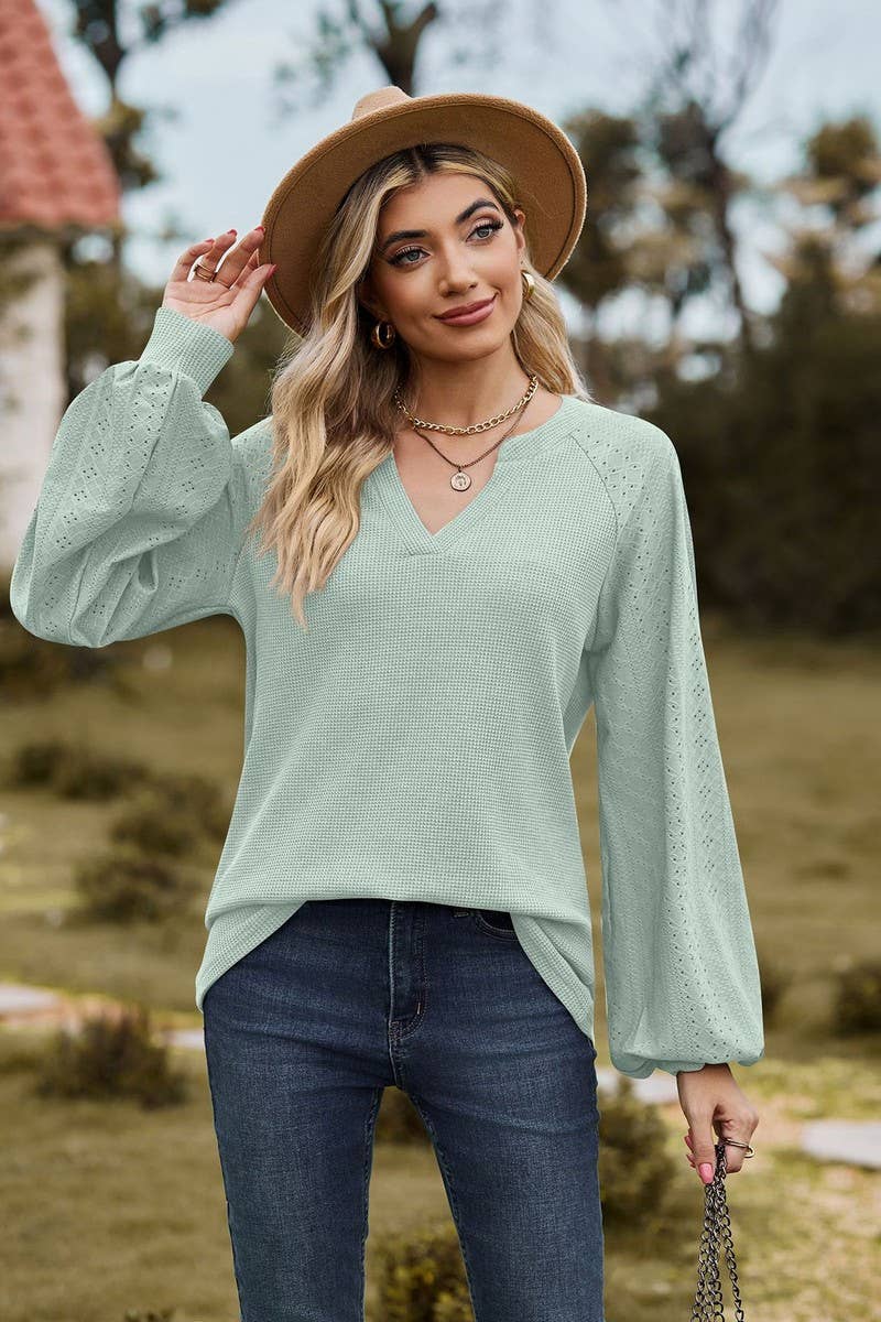 CWTBLL01313_V NECK WAFFLE KNIT SOLID LONG SLEEVE LOOSE TEE