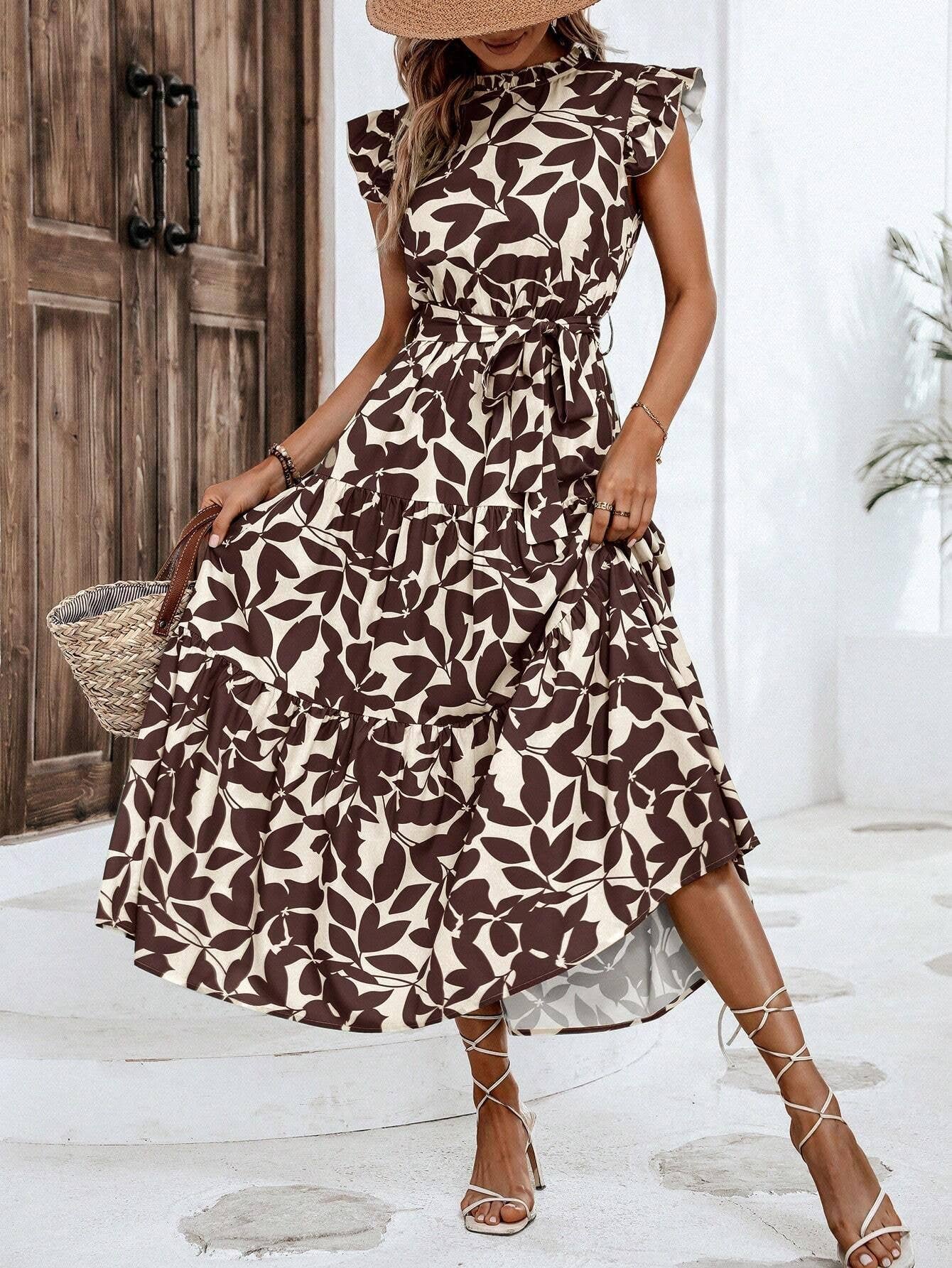 Fashion wooden ears fly-sleeve lace-up long dress