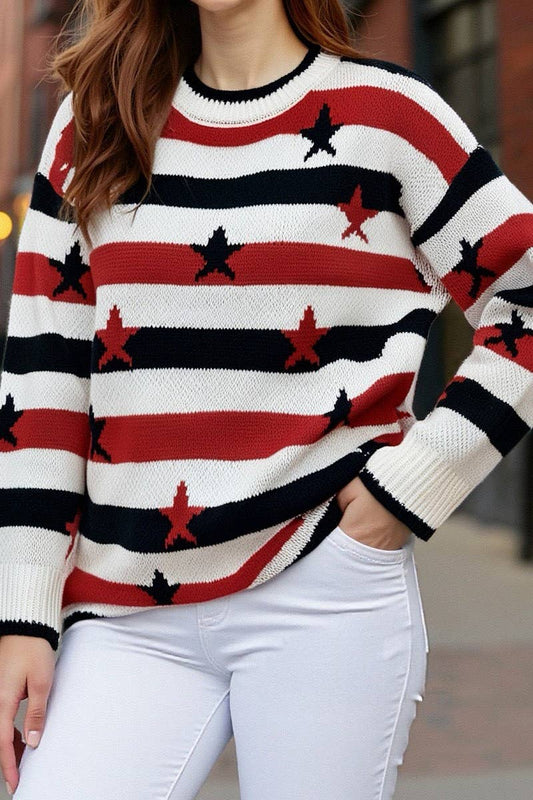 CWOSWL6951_PRINTED FLAG STRIPE OVERSIZED LONG SLEEVE SWEATER