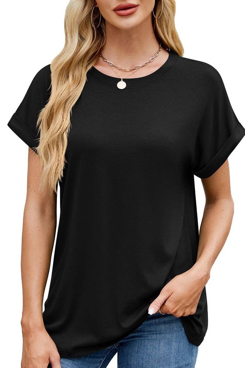 CWTBLS1728_SOLID COLOR ROUND NECK T-SHIRT SHORT SLEEVE TOP