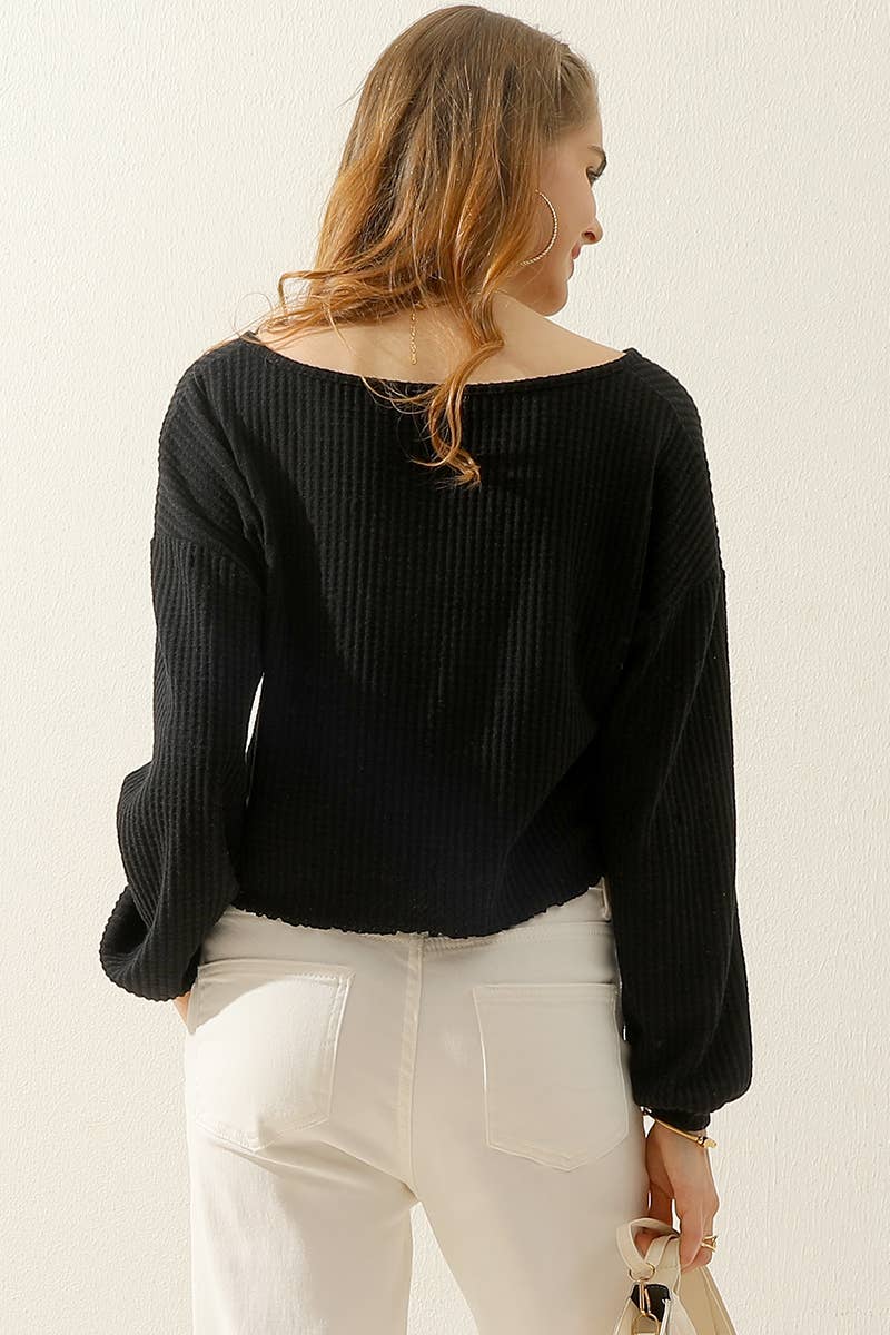 CWTTL1469_V-Neck Long Sleeve Knit Top