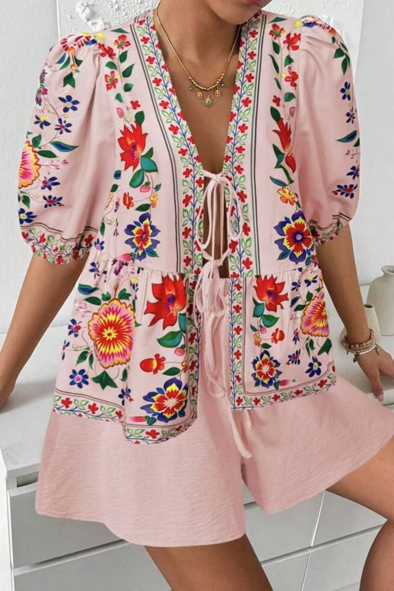 CWSTB2003_FLORAL TIE-FRONT KIMONO TOP & SHORTS SET