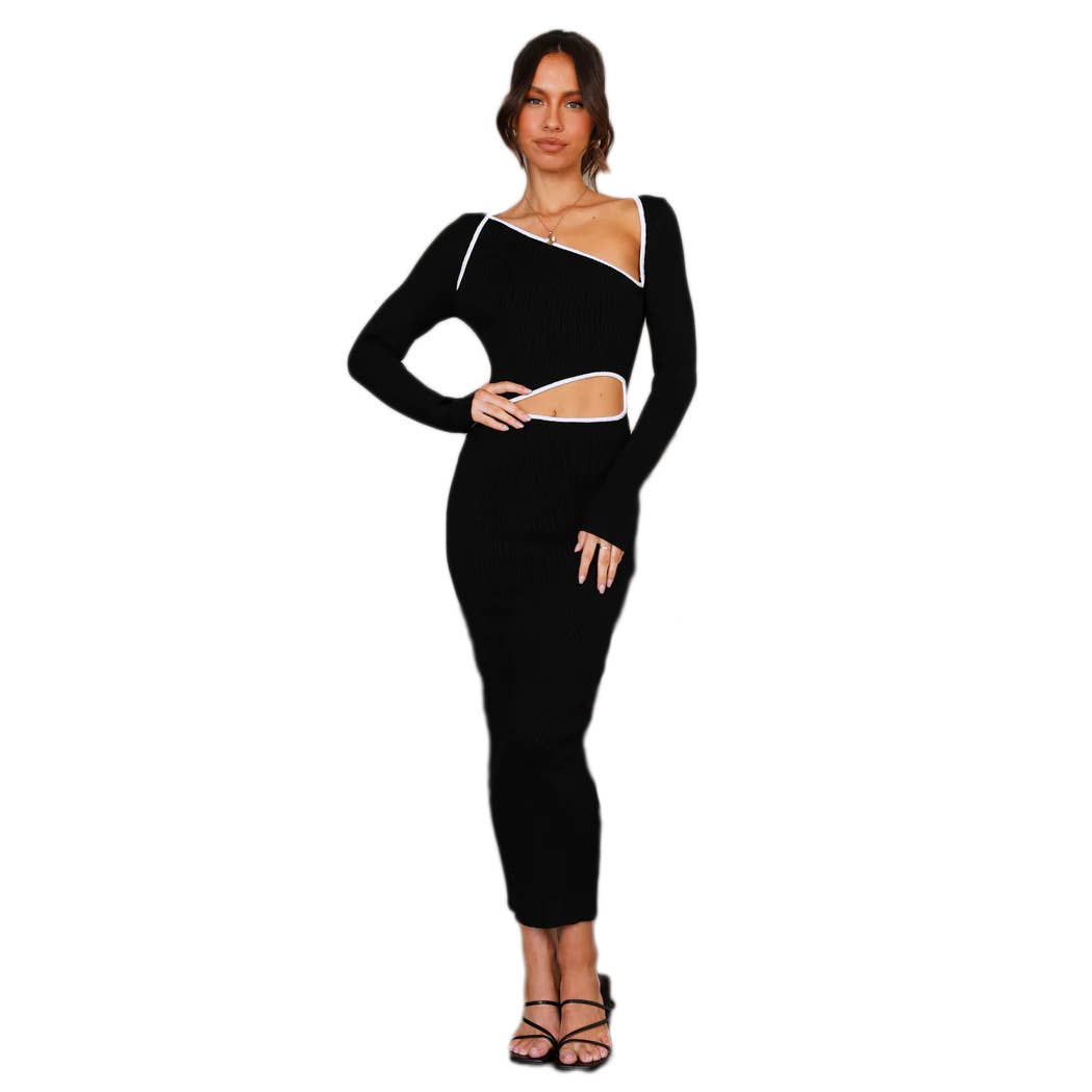 DIAGONAL NECKLINE MIDRIFF STYLE WRAP HIP DRESS