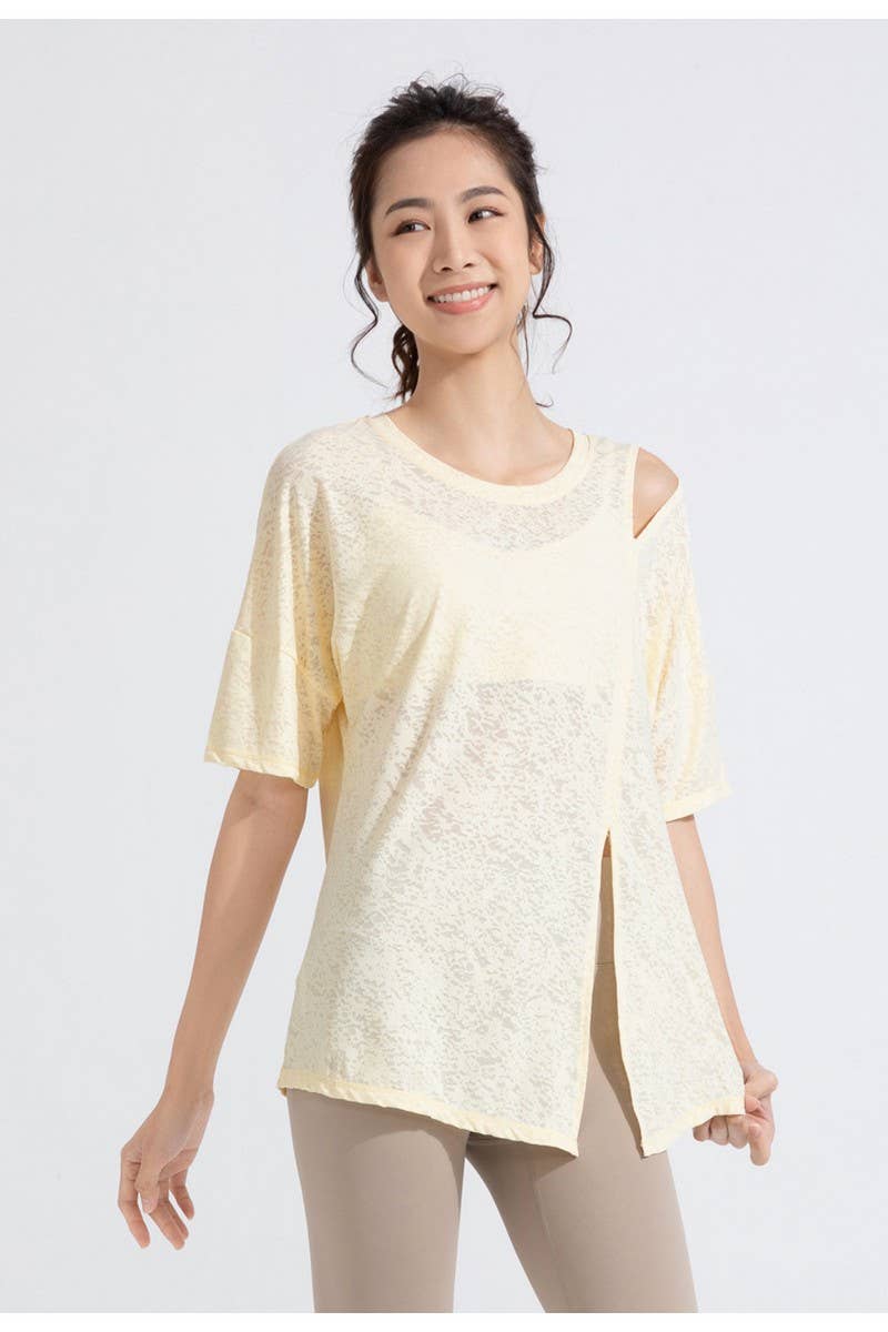 CWTBLS1470_JACQUARD CUTOUT SHORT SLEEVE RUNNING TOP