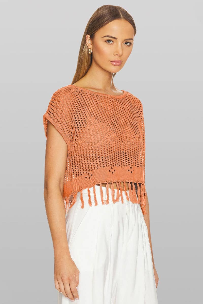CWTBLS0743_KNITTED CREW NECK SHORT SLEEVE BEACH FRINGE TOP