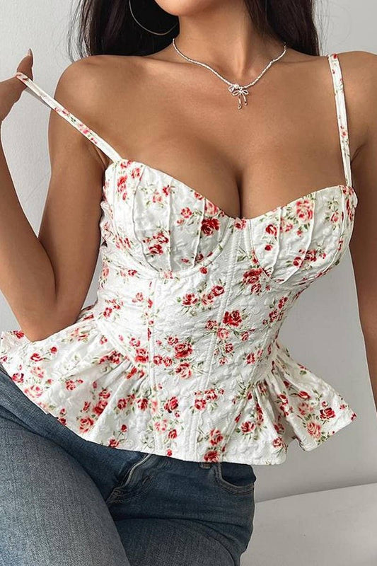CWTTK0769_FLORAL IRREGULAR RUFFLED BACKLESS CAMISOLE TOP