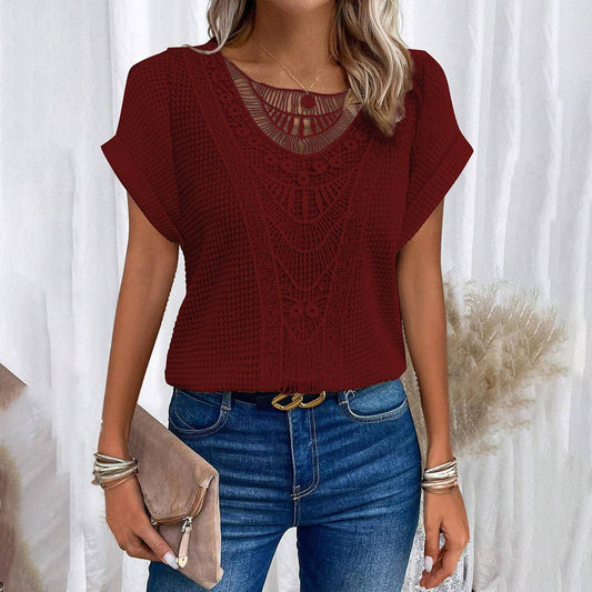 CUT-OUT LACE PATCHWORK SHORT SLEEVE T-SHIRT