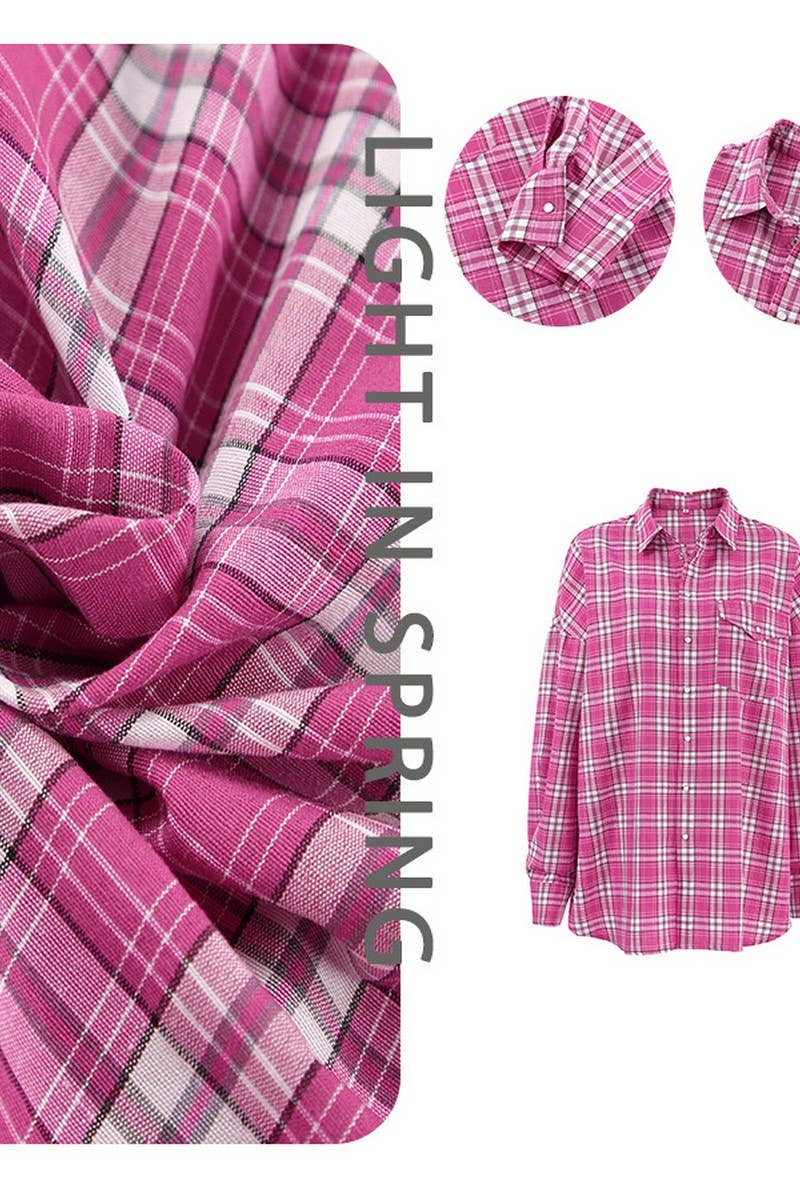 CWTBLL00570_LOOSE CASUAL LONG-SLEEVED PINK PLAID SHIRT