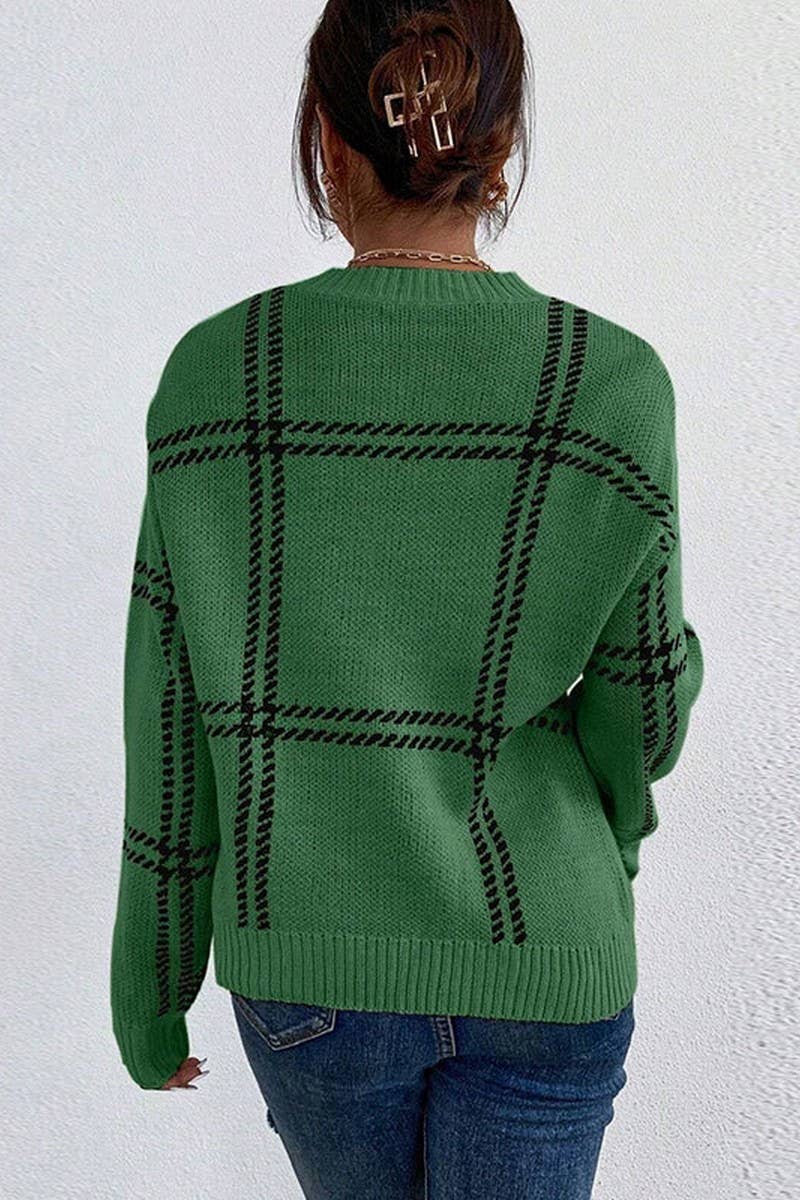 CWOSWL07350_PLAID COLORBLOCK CREWNECK KNIT SWEATER