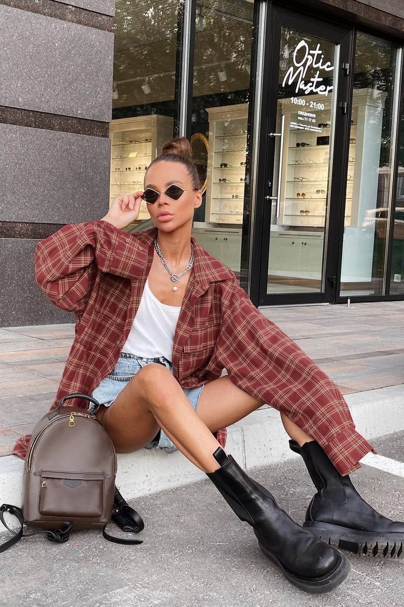 CWTBLL00607_LOOSE CASUAL RED PLAID LONG-SLEEVED SHIRT