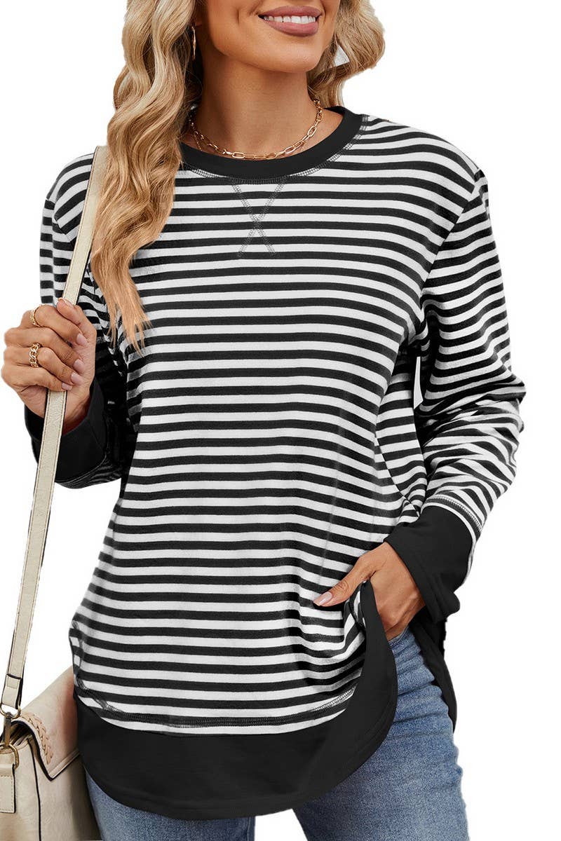 CWTBLL2355_CREW NECK STRIPED COLORBLOCK CASUAL SWEATSHIRT