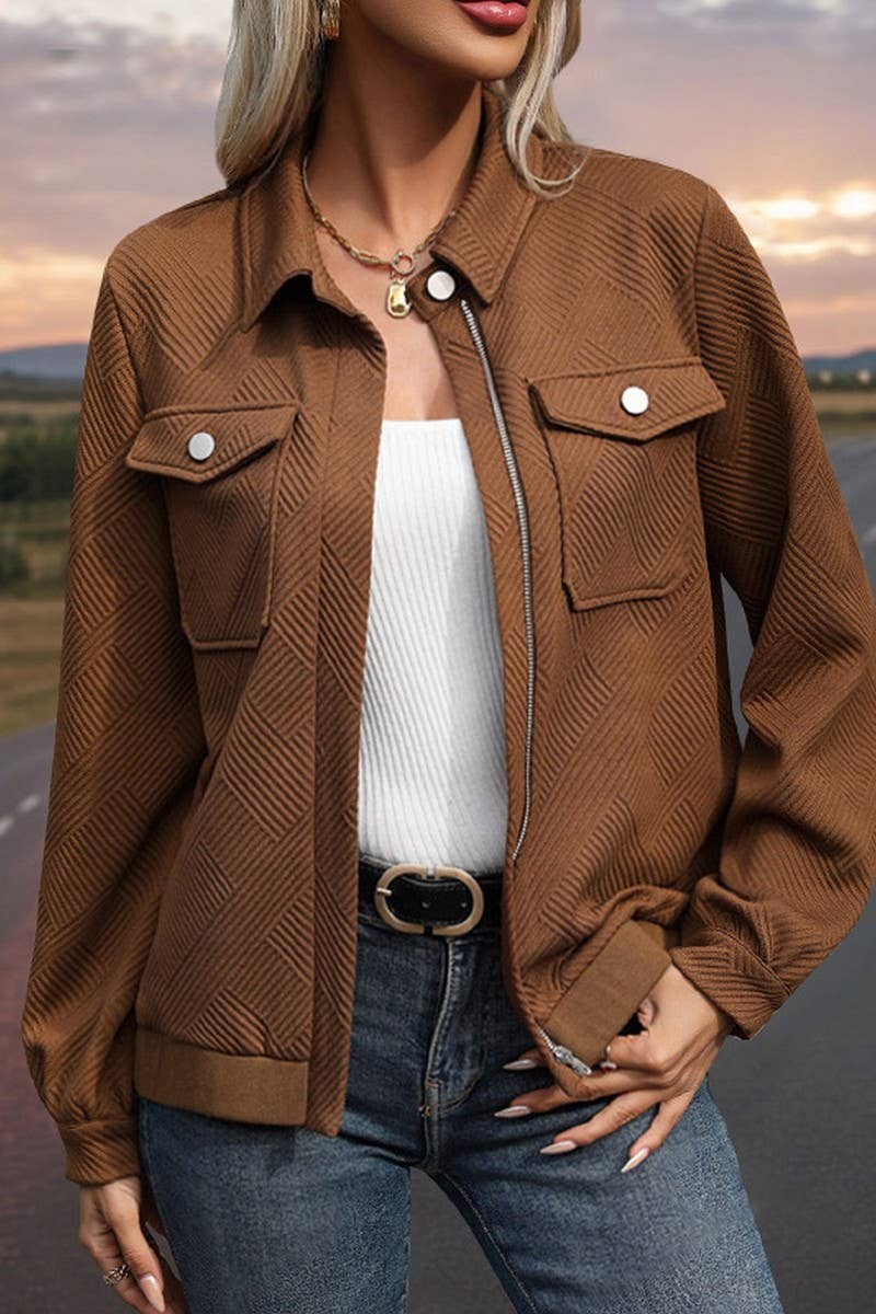 CWOJA1048_SOLID COLOR CASUAL LAPEL POCKET ZIPPER JACKET