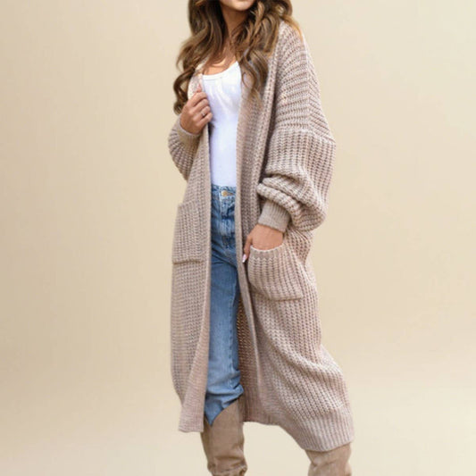 Casual loose pocket long-sleeved knitted cardigan