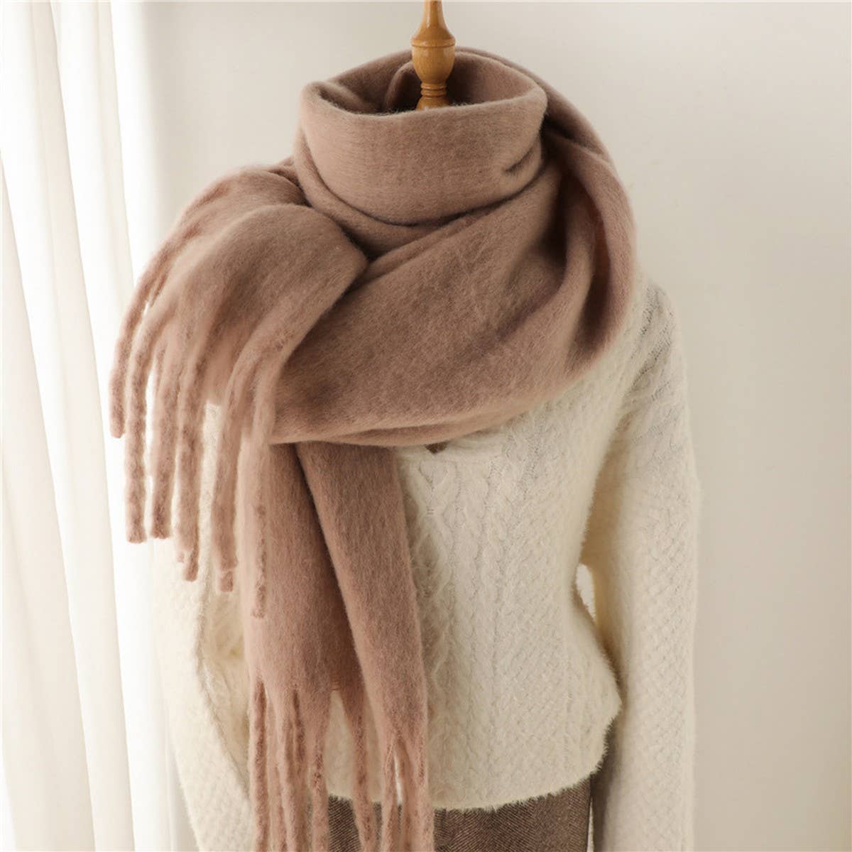 Mohair Tassel Scarf for Winter, Unisex Long Shawl