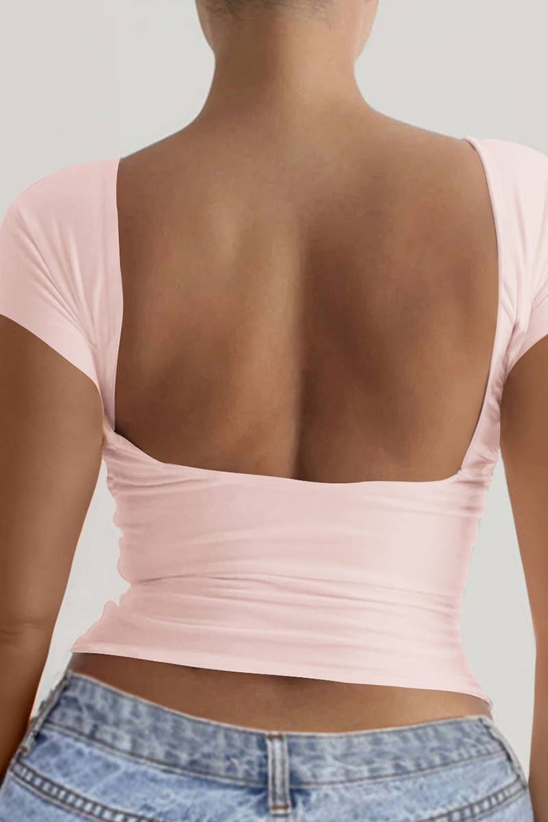 CWTBLS1584_ROUND NECK OPEN BACK SHORT SLEEVE TOP