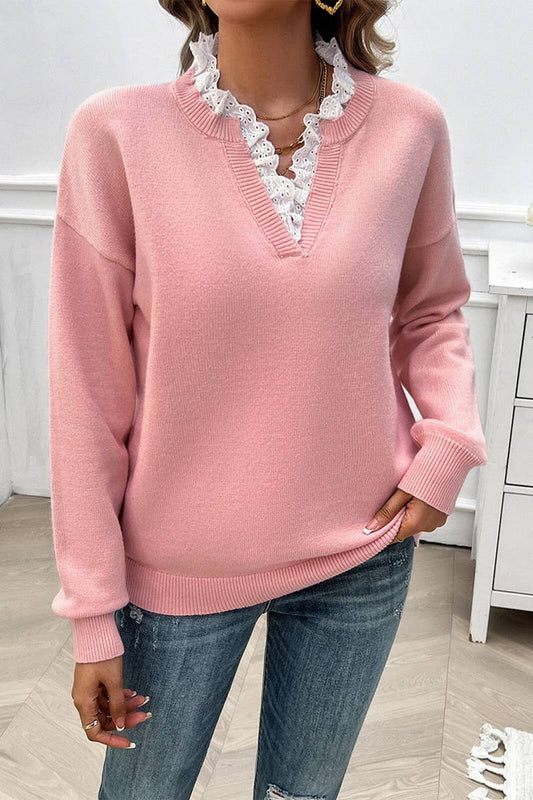 CWOSWL6818_TEMPERAMENT LOOSE LACE V-NECK SWEATER