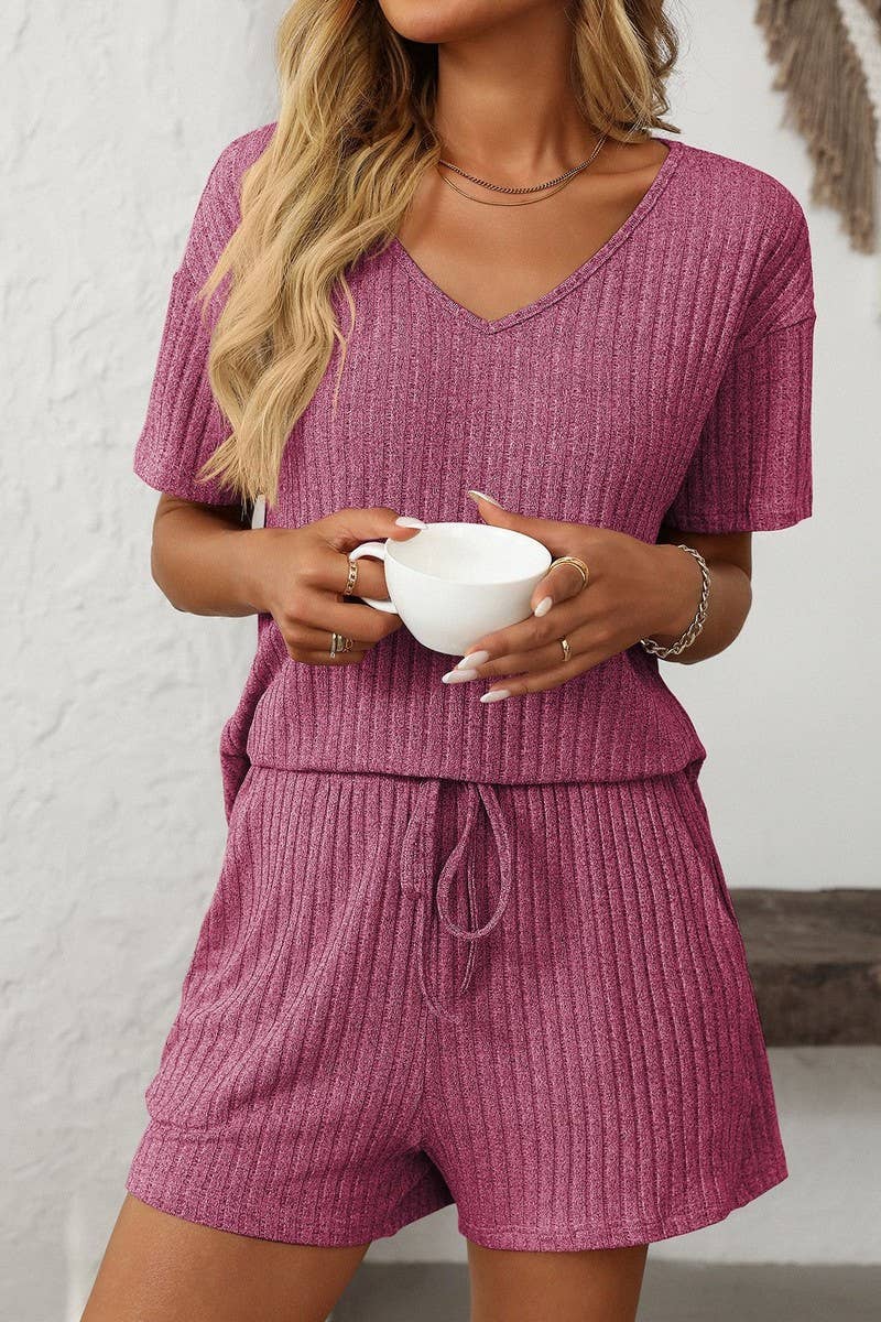 CWSTB1663_SOLID COLOR STRIPED SHORT-SLEEVED HOME WEAR SUIT